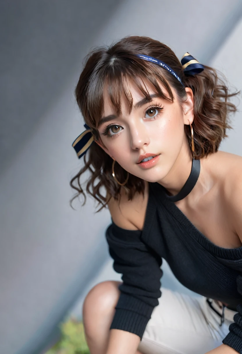 (best quality, 4k, highres, highres face details), 18 yrs old, 1girl, solo, athletic figure, tan skin, hoop earrings, perfect nose, perfect lips, fake lashes, large breasts, large butt, deep cleavage, cute face, wearing an off the shoulder brown sweater, midriff showing, wearing jean shorts, brown hair, short curly hair, crossed bangs, brown eyes, constricted pupils, hair ribbon, hoop earrings, cinematic lighting, Ultra-Wide Angle, Canon, Hyperrealism, UHD, masterpiece, textured skin, high details, best quality, detailed eyes, detailed iris, whole body photo, posing for the camera