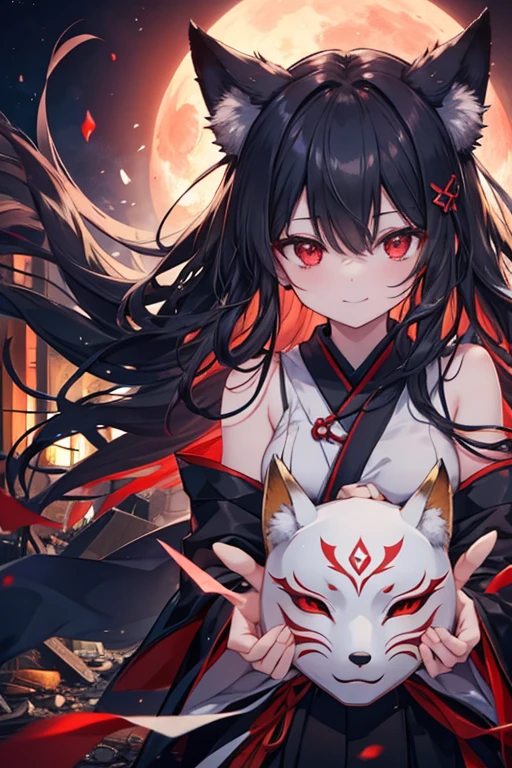 depth of field,A girl wearing a fox mask sits on the roof of an izakaya buried in rubble,miko,black hair,long hair,red eyes,red moon,shiny skin,(smirk),(close-up:1.3),outstretched arm