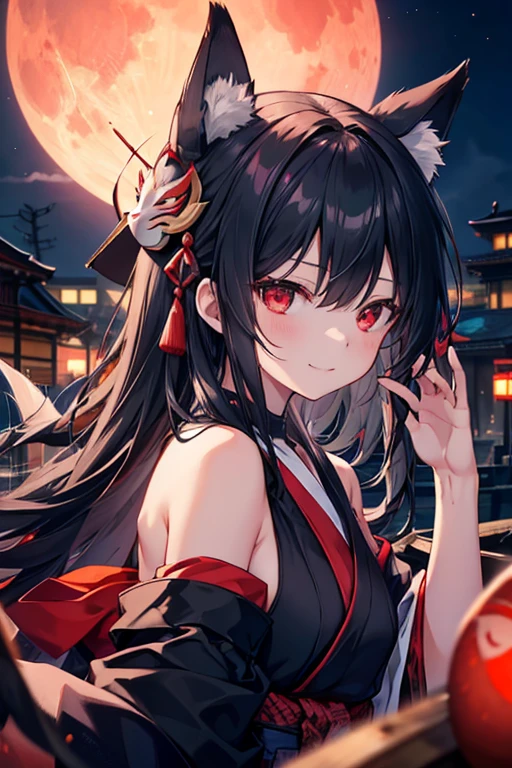 depth of field,A girl wearing a fox mask sits on the roof of an izakaya buried in rubble,miko,black hair,long hair,red eyes,red moon,shiny skin,(smirk),(close-up:1.3),outstretched arm