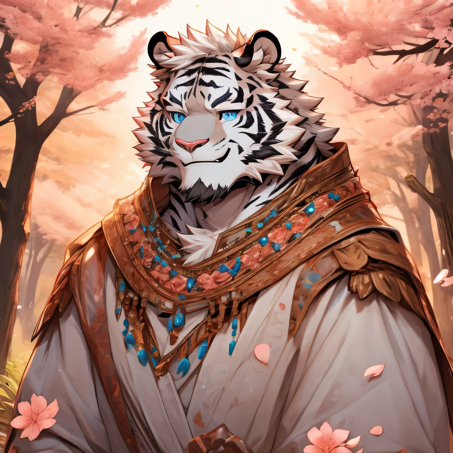White fur,black strips,white tiger,medium height,Thin body type,Peach Blossom,White hair,Silver necklace,white tiger Orc,short hair,Smile,Solid wood house background,Croak,Peach Blossom Petals,male,Blue eyes,White robe,Peach Blossom Opens