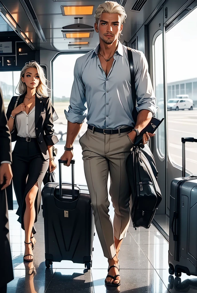 A tall, handsome, statuesque, masculine, adult man is platinum blond, he is wearing fashionable cropped light gray trousers, a light blue polo shirt, branded men's shoes on his feet, long straight platinum hair, blue eyes, long bangs, holds a large suitcase on wheels in his hand, he is boarding a plane the plane is together with an incredibly beautiful young blonde femme fatale, she is much shorter than him, she is wearing a thin silk short white dress with thin straps, which emphasizes her perfect figure, long golden hair gathered in a bun. She has a small purse in her hands, and open stiletto sandals on her feet. They are in love with each other. Realistic image. An airport.