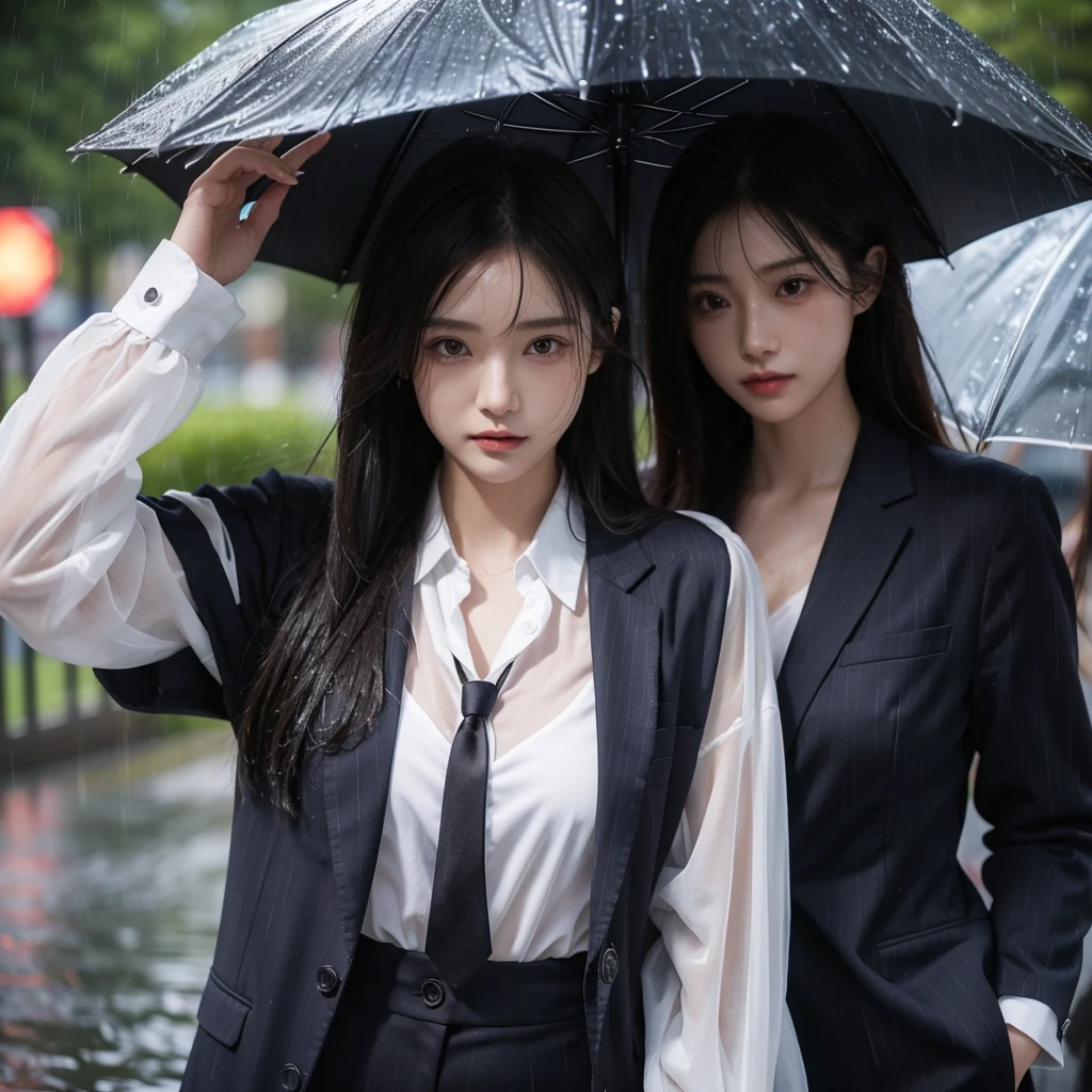 Hair getting wet in the rain、Transparent shirt、Beautiful woman getting wet in the rain、typhoon、Get wet without an umbrella、Beautiful woman in the rain、雨で濡れたBeautyOL、Detailed face、Realistic、beautiful girl、Beauty、Office Lady Uniform、beauty、Beautiful woman、Narrow waist、Handsome woman、Tight pants look、suit、Sexy pose、タイトなsuit、雨で濡れたsuit、Wet shirt、See-through shirt、Shot in heavy rain、See-through underwear