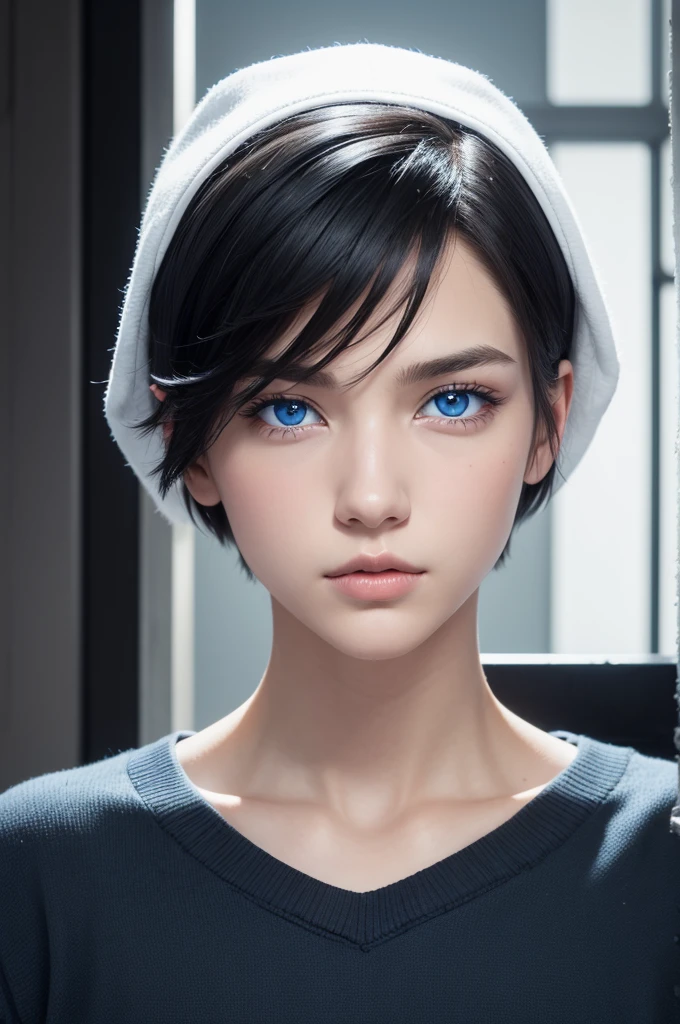 white male, short black hair, blue colored eyes 