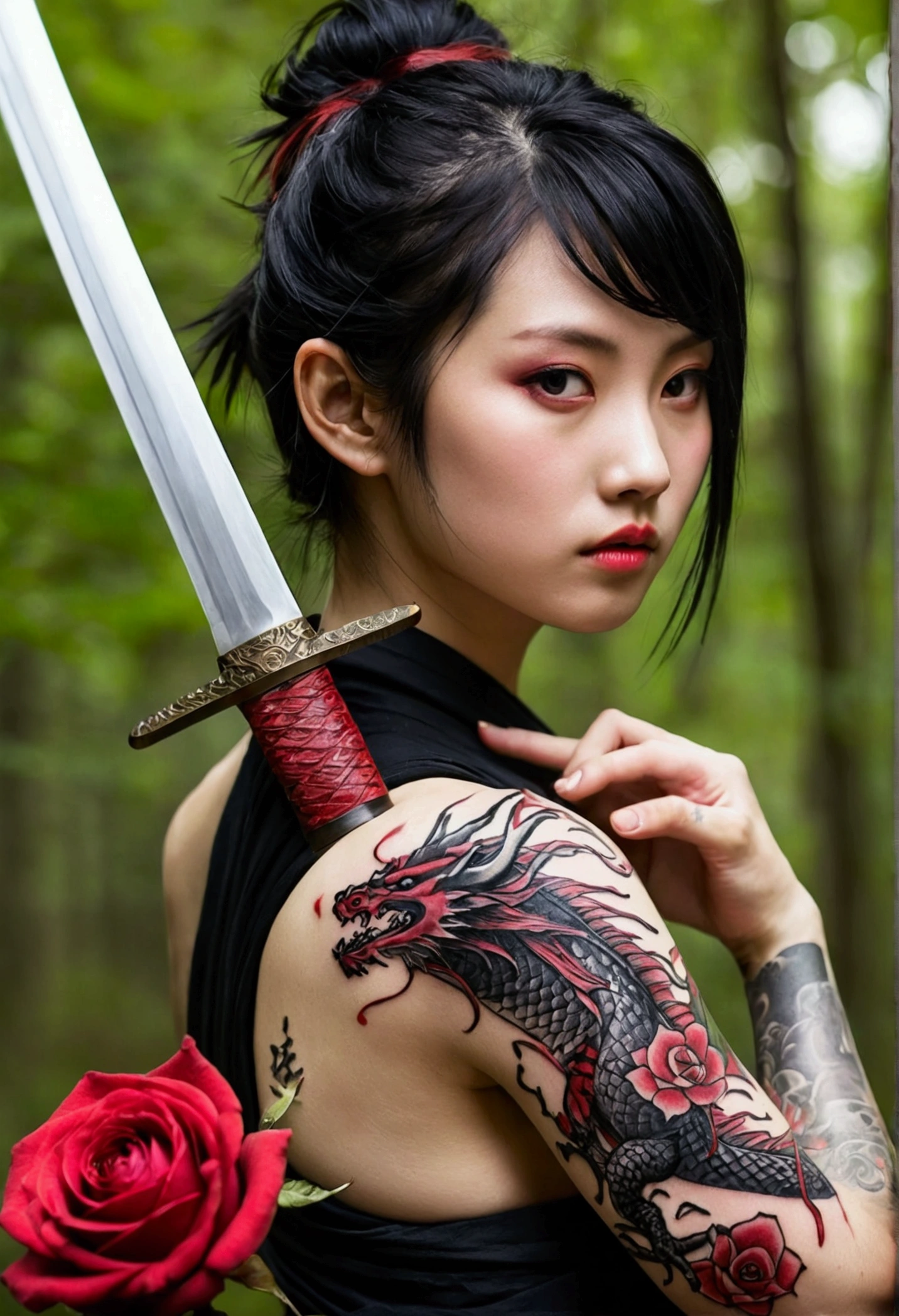 20Year、beautiful,、Cute Girls、Warrior、dragon tattoo on arm、Hold the Japanese sword in front of your body、Draw your sword and prepare、Delicate eyes、Fresh red blood on cheek、In the woods、Swordsman、Rose tattoo on chest、