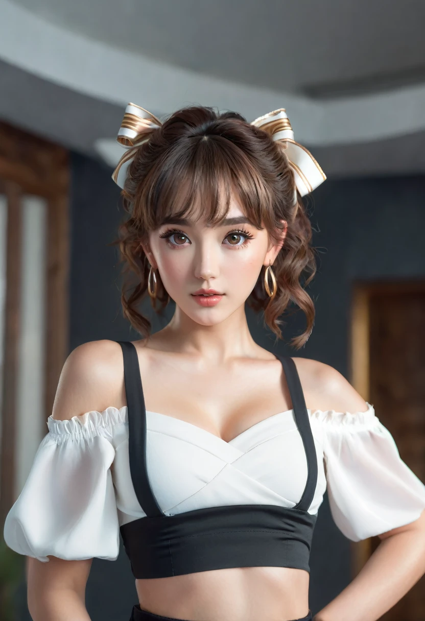 (best quality, 4k, highres, highres face details),18 yrs old, 1girl, solo, athletic figure, tan skin, hoop earrings, perfect nose, perfect lips, fake lashes, large breasts, large butt, deep cleavage, pretty face, cute face, wearing an off the shoulder white blouse, midriff showing, wearing leggings, brown hair, short curly hair, crossed bangs, brown eyes, constricted pupils, hair ribbon, hoop earrings, cinematic lighting, Ultra-Wide Angle, Canon, Hyperrealism, UHD, masterpiece, textured skin, high details, best quality, detailed eyes, detailed iris, whole body photo, posing for the camera