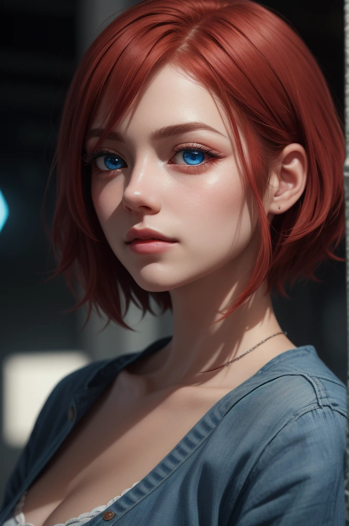 Light particles, soft lighting, volumetric lighting,
1girl, single,
red hair, short hair,
Blue eyes, long eyelashes, thick eyelashes, looking at the scenes,