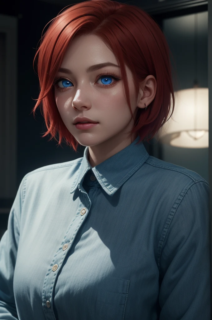 Light particles, soft lighting, volumetric lighting,
1girl, single,
red hair, short hair,
Blue eyes, long eyelashes, thick eyelashes, looking at the scenes,