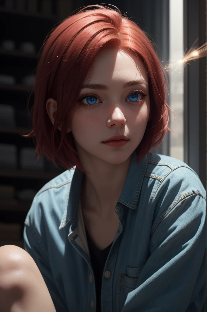 Light particles, soft lighting, volumetric lighting,
1girl, single,
red hair, short hair,
Blue eyes, long eyelashes, thick eyelashes, looking at the scenes,