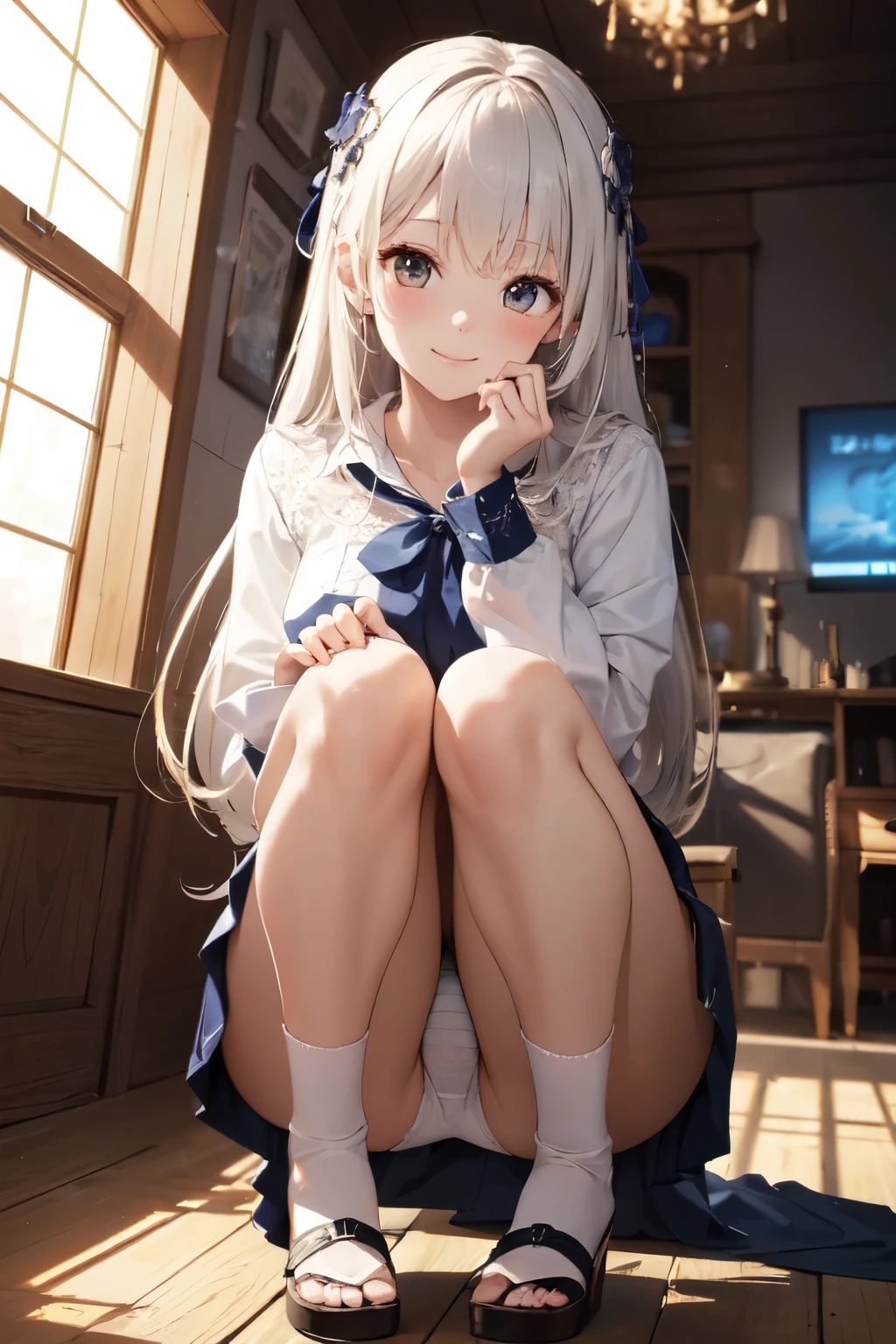 very cute and beautiful girl,(Very detailed美しい顔), (smile),blush,Black Hair,Seraphim,(White Hair、long hair),(White Shirt、Pleated navy blue pread your legs、Squat)、Sitting、(From below)、(Lace panties), Country road, (Highest quality,masterpiece:1.0),Absurd,High resolution,Super detailed,Very detailed,32K,8k resolution, Intricate details,Movie Scenes,Detailed Background,alone,Dynamic Angle,