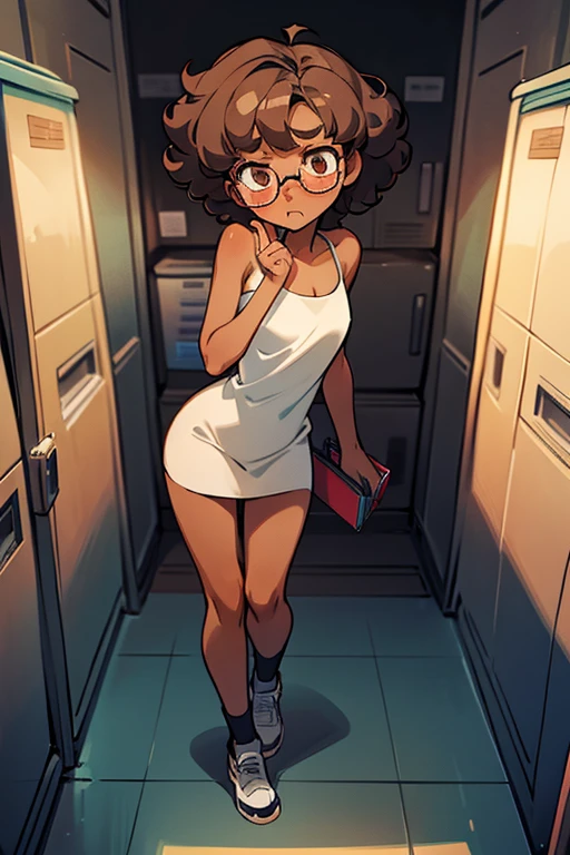 Really embarrassed tomboy girl, with short gray curly hair, brown skin and glasses, in Towel , full body, lineart Surprised in the locker room ,