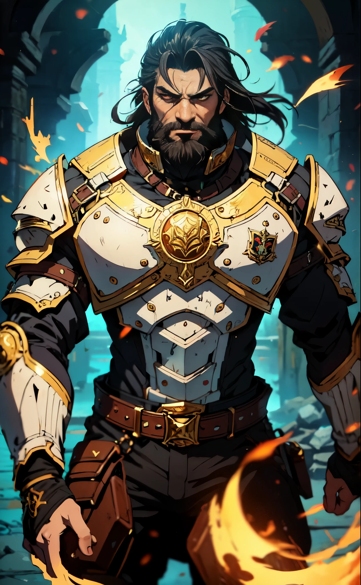 (masterpiece:1.2, best quality:1.2, extremely delicate:1.2), ((male:1.5)), a middle-aged man with long blue-black hair, thick eyebrows, sharp eyes, a wild smile, (a dense beard:1.2), (a huge scar down the middle of his face:1.2), a tall and robust build, ((luxurious golden high-collar chest armor without shoulder guards:1.3)), revealing his muscular abs, a short-sleeved undershirt, a metal belt, short skirt armor, canvas trousers, a cape flutters in the wind behind him, stands majestically on a desolate battlefield, this character embodies a finely crafted fantasy-style overlord in anime style, exquisite and mature manga art style, dramatic, high definition, highres, ultra-detailed, ultra-fine painting, professional, perfect body proportions, golden ratio, anatomically correct, symmetrical face, extremely detailed eyes and face, high quality eyes, creativity, RAW photo, UHD, 32k, Natural light, cinematic lighting, masterpiece-anatomy-perfect