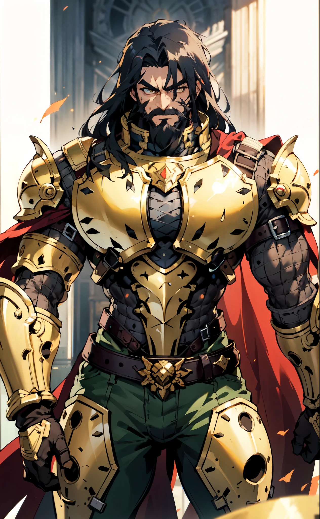 (masterpiece:1.2, best quality:1.2, extremely delicate:1.2), ((male:1.5)), a middle-aged man with long blue-black hair, thick eyebrows, sharp eyes, a wild smile, (a dense beard:1.2), (a huge scar down the middle of his face:1.2), a tall and robust build, ((luxurious golden high-collar chest armor without shoulder guards:1.3)), revealing his muscular abs, a short-sleeved undershirt, a metal belt, short skirt armor, canvas trousers, a cape flutters in the wind behind him, stands majestically on a desolate battlefield, this character embodies a finely crafted fantasy-style overlord in anime style, exquisite and mature manga art style, dramatic, high definition, highres, ultra-detailed, ultra-fine painting, professional, perfect body proportions, golden ratio, anatomically correct, symmetrical face, extremely detailed eyes and face, high quality eyes, creativity, RAW photo, UHD, 32k, Natural light, cinematic lighting, masterpiece-anatomy-perfect