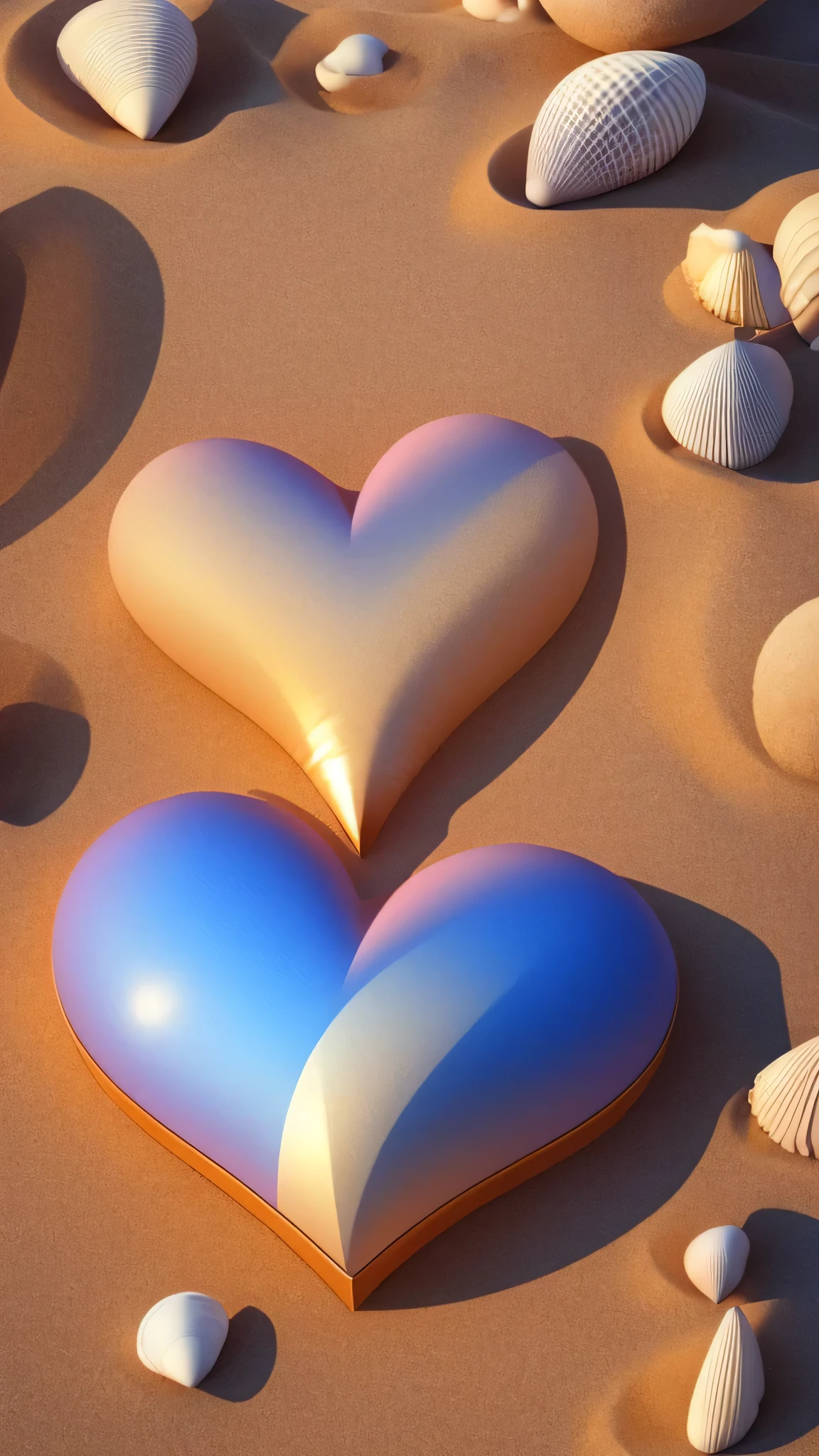 On the beach there is a ornately carved heart-shaped object with a shell,Very beautiful 3D digital art,Presents a beautiful composition and high definition,Finely rendered digital art,Many heart-shaped objects are rendered in a blender,Mysterious and beautiful heart-shaped object,Multiple cardioid objects are highly rendered,Very beautiful digital art depicted in 3D rendering。