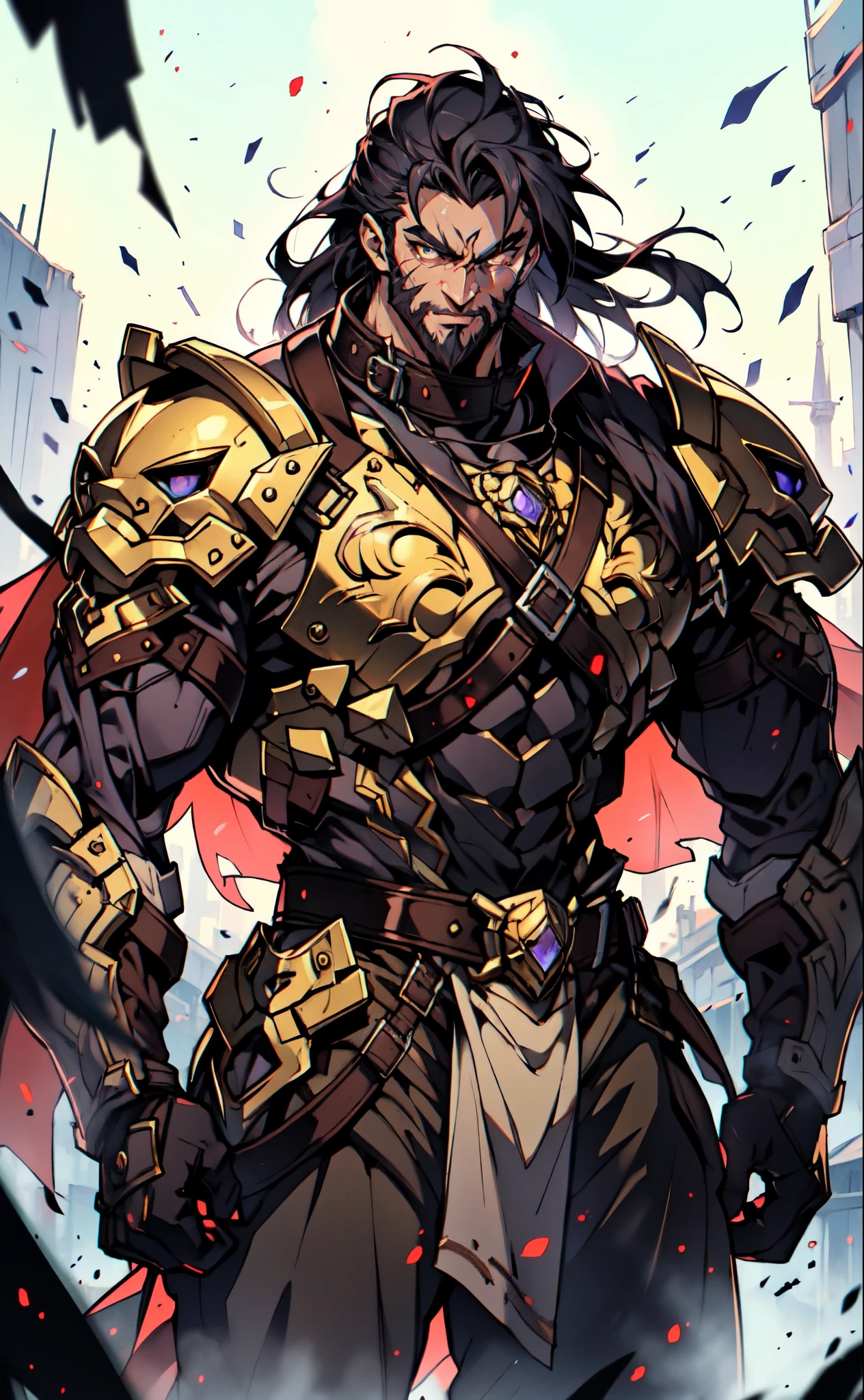 (masterpiece:1.2, best quality:1.2, extremely delicate:1.2), a middle-aged man with long blue-black hair, thick eyebrows, sharp eyes, a wild smile, a dense beard, a huge scar down the middle of his face, a tall and robust build, luxurious golden high-collar chest armor without shoulder guards, revealing his muscular abs, a short-sleeved undershirt, a metal belt, short skirt armor, canvas trousers, a cape flutters in the wind behind him, stands majestically on a desolate battlefield, this character embodies a finely crafted fantasy-style overlord in anime style, exquisite and mature manga art style, dramatic, high definition, highres, ultra-detailed, ultra-fine painting, professional, perfect body proportions, golden ratio, anatomically correct, symmetrical face, extremely detailed eyes and face, high quality eyes, creativity, RAW photo, UHD, 32k, Natural light, cinematic lighting, masterpiece-anatomy-perfect