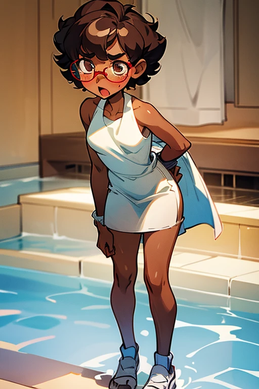 Really embarrassed tomboy girl, with short gray curly hair, brown skin and glasses, in Towel , full body,