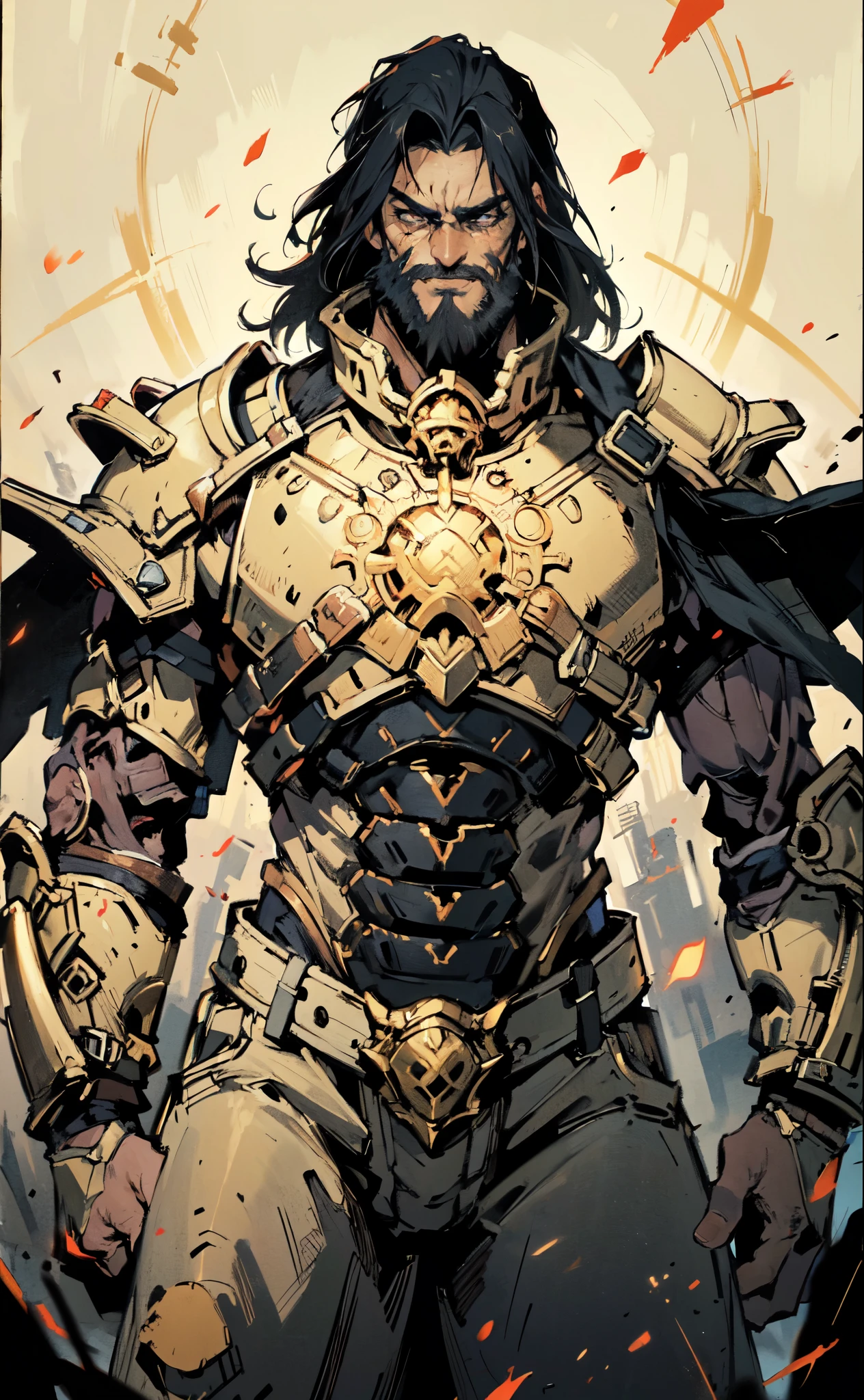 (masterpiece:1.2, best quality:1.2, extremely delicate:1.2), ((male:1.5)), a middle-aged man with long blue-black hair, thick eyebrows, sharp eyes, a wild smile, (a dense beard:1.2), (a huge scar down the middle of his face:1.2), a tall and robust build, ((luxurious golden high-collar chest armor without shoulder guards:1.3)), revealing his muscular abs, a short-sleeved undershirt, a metal belt, short skirt armor, canvas trousers, a cape flutters in the wind behind him, stands majestically on a desolate battlefield, this character embodies a finely crafted fantasy-style overlord in anime style, exquisite and mature manga art style, dramatic, high definition, highres, ultra-detailed, ultra-fine painting, professional, perfect body proportions, golden ratio, anatomically correct, symmetrical face, extremely detailed eyes and face, high quality eyes, creativity, RAW photo, UHD, 32k, Natural light, cinematic lighting, masterpiece-anatomy-perfect