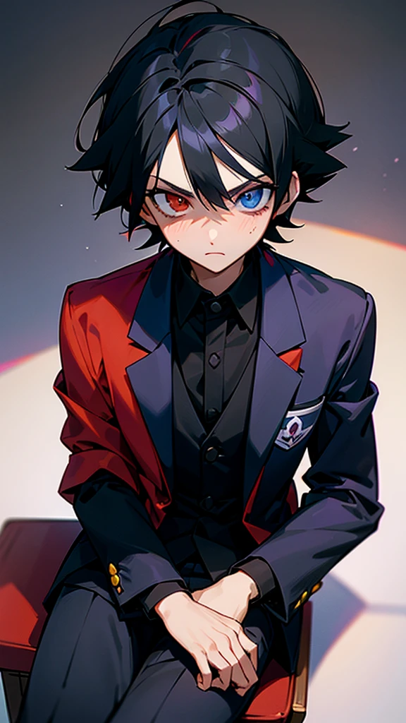 Ash Ketchum, Raven black hair,heterochromia eyes(Red and Purple), Fair complexion,Z marks on each cheeks, Navy blue Three piece suit, Without cap on head,free head, Sitting on a fancy seat