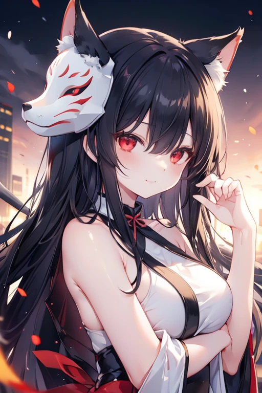 depth of field,A girl wearing a fox mask sits on the roof of an izakaya buried in rubble,miko,black hair,long hair,red eyes,red moon,shiny skin,(smirk),(close-up:1.3),outstretched arm