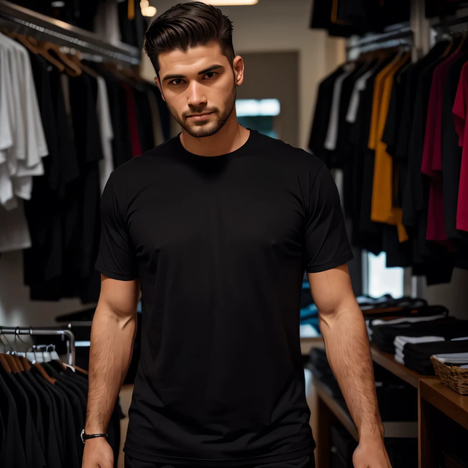 Man wearing a black t-shirt with no details, fundo traders