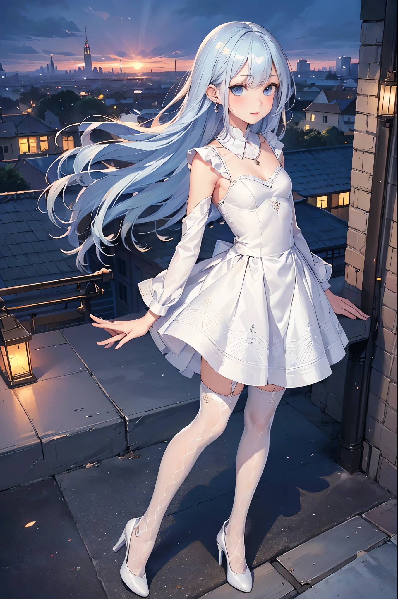 ((Biologically correct limb count)),(( From head to toe,Full-body photo including face)),4K,((Standing position)),masterpiece,((Focus on the face)),((Symmetrical facial features)),Eyes with detailed description,Beautiful woman,Great style,Beautiful arms,Beautiful legs,Beautiful Hands,(Small Ass,Thin thighs),Detailed depiction of the face,Small earrings,necklace,(White dress((High heels,Patterned stockings))),((evening,Looking out at the city from the school rooftop)),(((blue blonde))),Realistic photo,