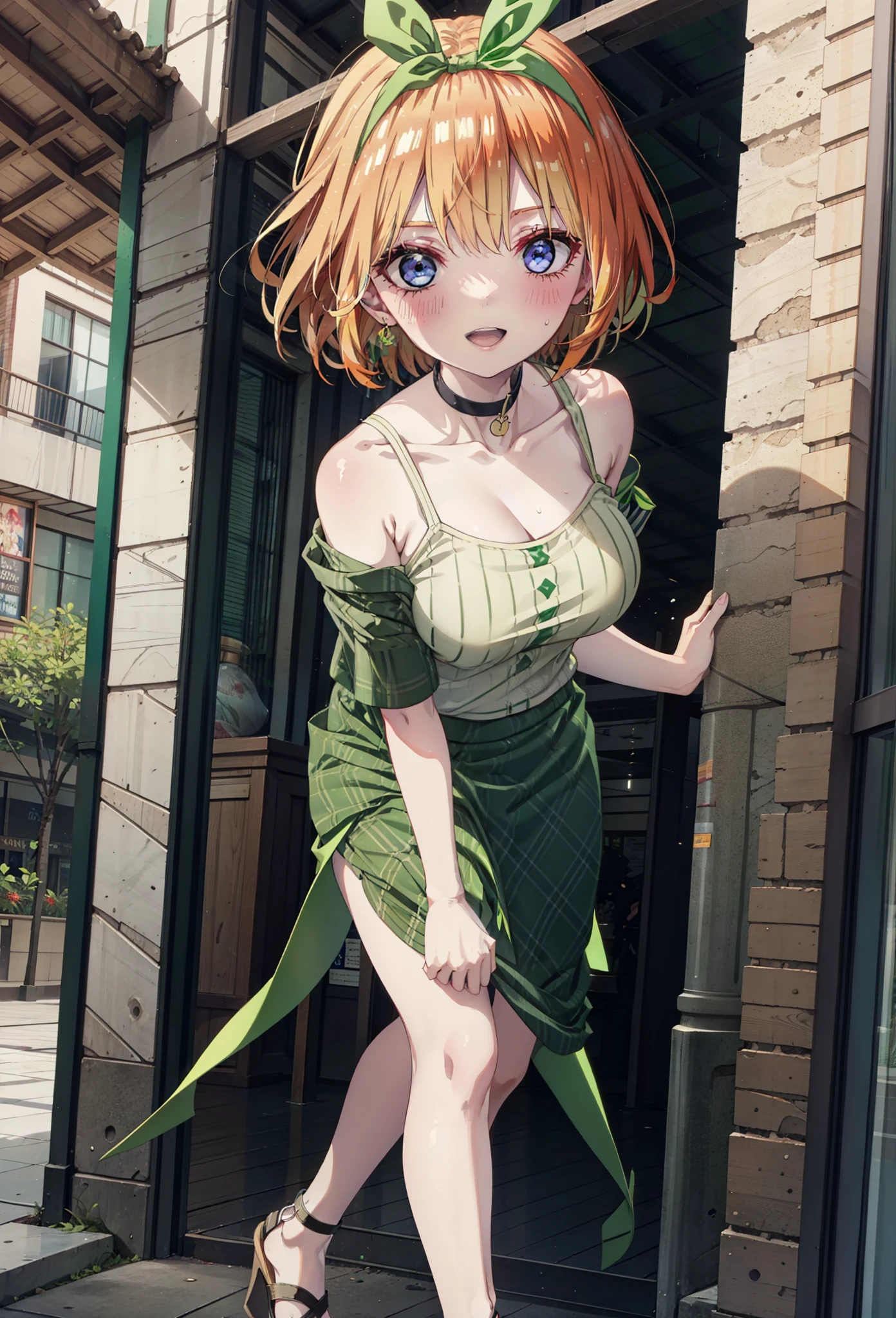 Yotsubanakano, Fourth floor Nakano, bangs, short hair, blue eyes, Hair between the eyes, hair ribbon, hair band, Orange Hair, (Green ribbon:1.5), smile, Open your mouth,blush,Cold Shoulder Shirt,Short sleeve,mini skirt,Heeled Sandals,Walking,True Summer,Clear skies,Daytime,Palm tree,whole bodyがイラストに入るように,
break outdoors, tropical,Tropical,Shopping Street,Shopping mall,
break looking at viewer,whole body,
break (masterpiece:1.2), Highest quality, High resolution, unity 8k wallpaper, (figure:0.8), (Beautiful attention to detail:1.6), Highly detailed face, Perfect lighting, Highly detailed CG, (Perfect hands, Perfect Anatomy),