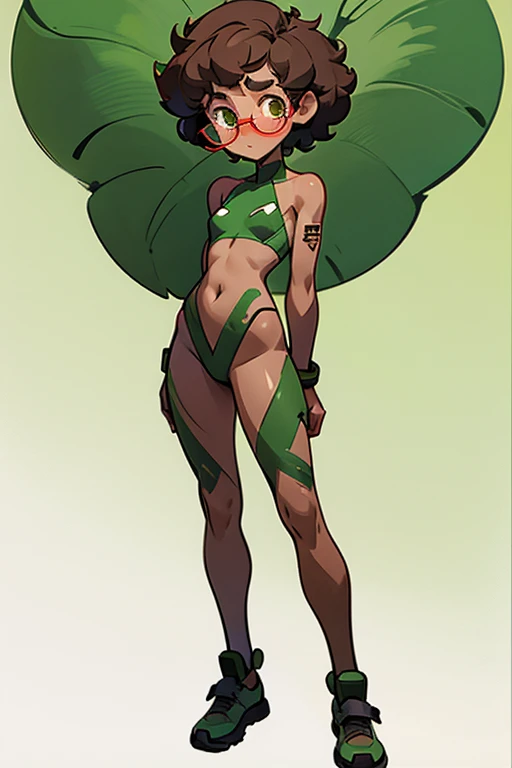 Really embarrassed tomboy girl, with short gray curly  hair, brown skin and  glasses, in green leaf body paint  , full body, 
