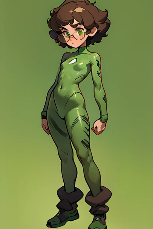 Really embarrassed tomboy girl, with short gray curly  hair, brown skin and  glasses, in green leaf body paint  , full body, 