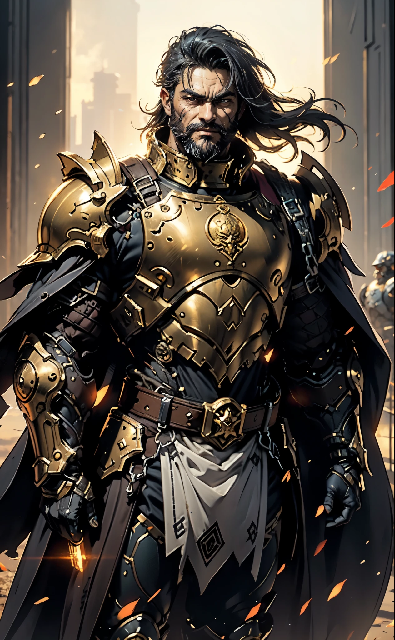 (masterpiece:1.2, best quality:1.2, extremely delicate:1.2), ((male:1.5)), a middle-aged man with long blue-black hair, thick eyebrows, sharp eyes, a wild smile, (a dense beard:1.2), (a huge scar down the middle of his face:1.2), a tall and robust build, ((luxurious golden high-collar chest armor without shoulder guards:1.3)), revealing his muscular abs, a short-sleeved undershirt, a metal belt, short skirt armor, canvas trousers, a cape flutters in the wind behind him, stands majestically on a desolate battlefield, this character embodies a finely crafted fantasy-style overlord in anime style, exquisite and mature manga art style, dramatic, high definition, highres, ultra-detailed, ultra-fine painting, professional, perfect body proportions, golden ratio, anatomically correct, symmetrical face, extremely detailed eyes and face, high quality eyes, creativity, RAW photo, UHD, 32k, Natural light, cinematic lighting, masterpiece-anatomy-perfect