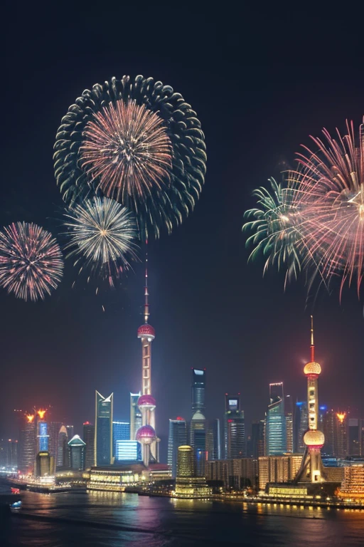 The photo of the night scene of Shanghai Bund and modern high-rise buildings,Bright fireworks blooming in the sky,It symbolizes the celebration and prosperity of the 75th anniversary of the motherland.。