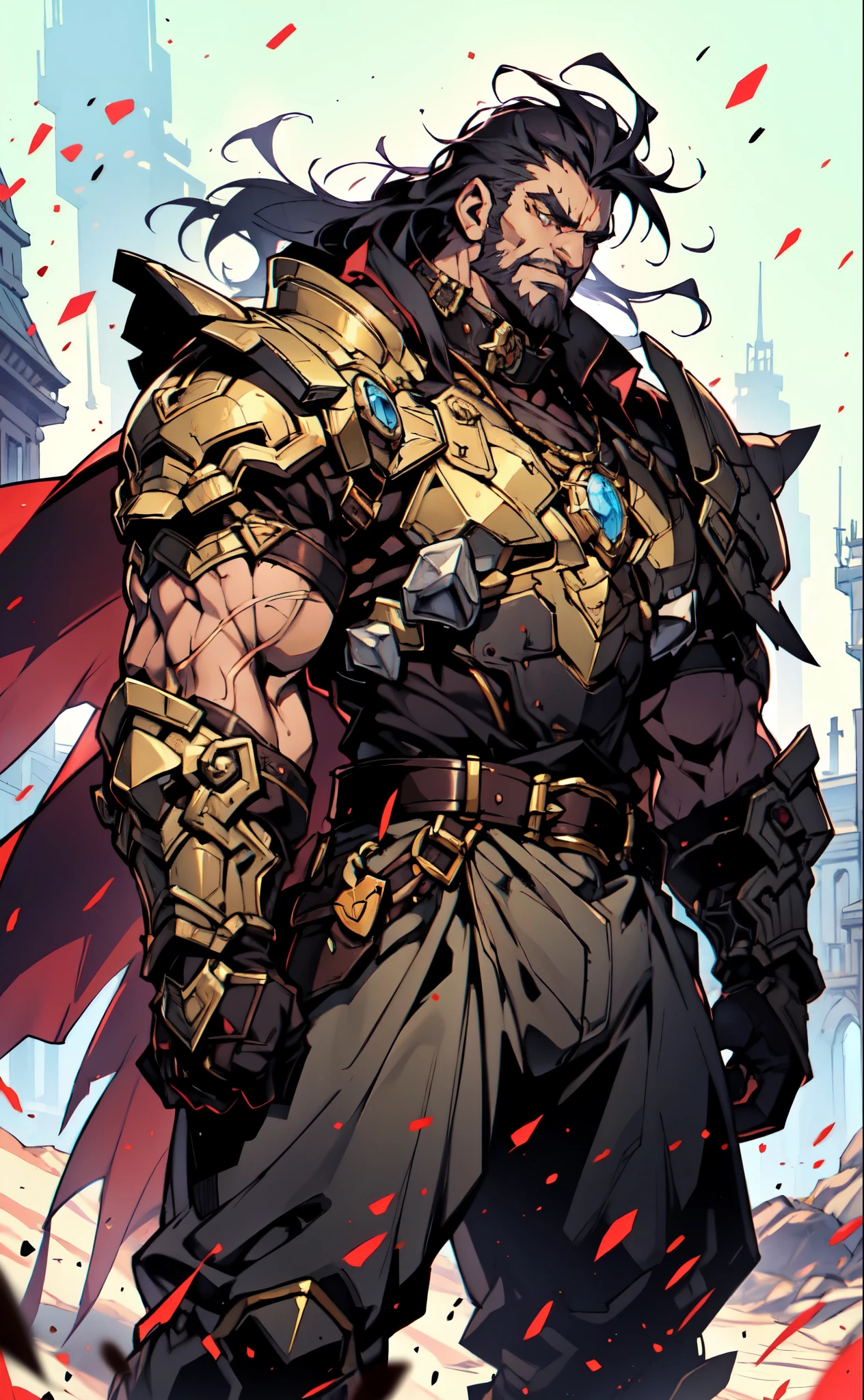 (masterpiece:1.2, best quality:1.2, extremely delicate:1.2), a middle-aged man with long blue-black hair, thick eyebrows, sharp eyes, a wild smile, a dense beard, a huge scar down the middle of his face, a tall and robust build, luxurious golden high-collar chest armor without shoulder guards, revealing his muscular abs, a short-sleeved undershirt, a metal belt, short skirt armor, canvas trousers, a cape flutters in the wind behind him, stands majestically on a desolate battlefield, this character embodies a finely crafted fantasy-style overlord in anime style, exquisite and mature manga art style, dramatic, high definition, highres, ultra-detailed, ultra-fine painting, professional, perfect body proportions, golden ratio, anatomically correct, symmetrical face, extremely detailed eyes and face, high quality eyes, creativity, RAW photo, UHD, 32k, Natural light, cinematic lighting, masterpiece-anatomy-perfect