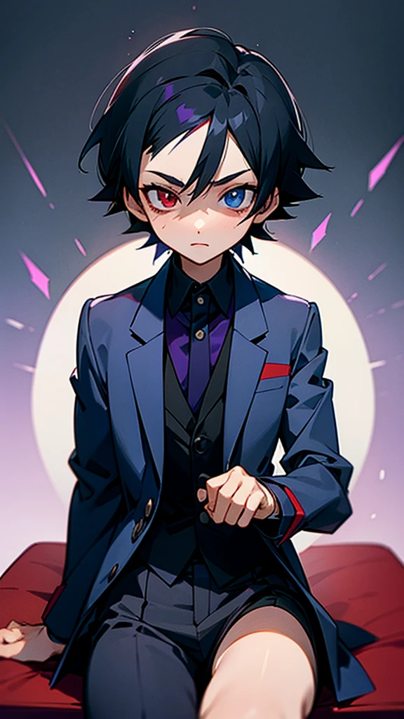 Ash Ketchum, Raven black hair,heterochromia eyes(Red and Purple), Fair complexion,Z marks on each cheeks, Navy blue Three piece suit, Without cap on head,free head, Sitting on a fancy seat, Adult looks,