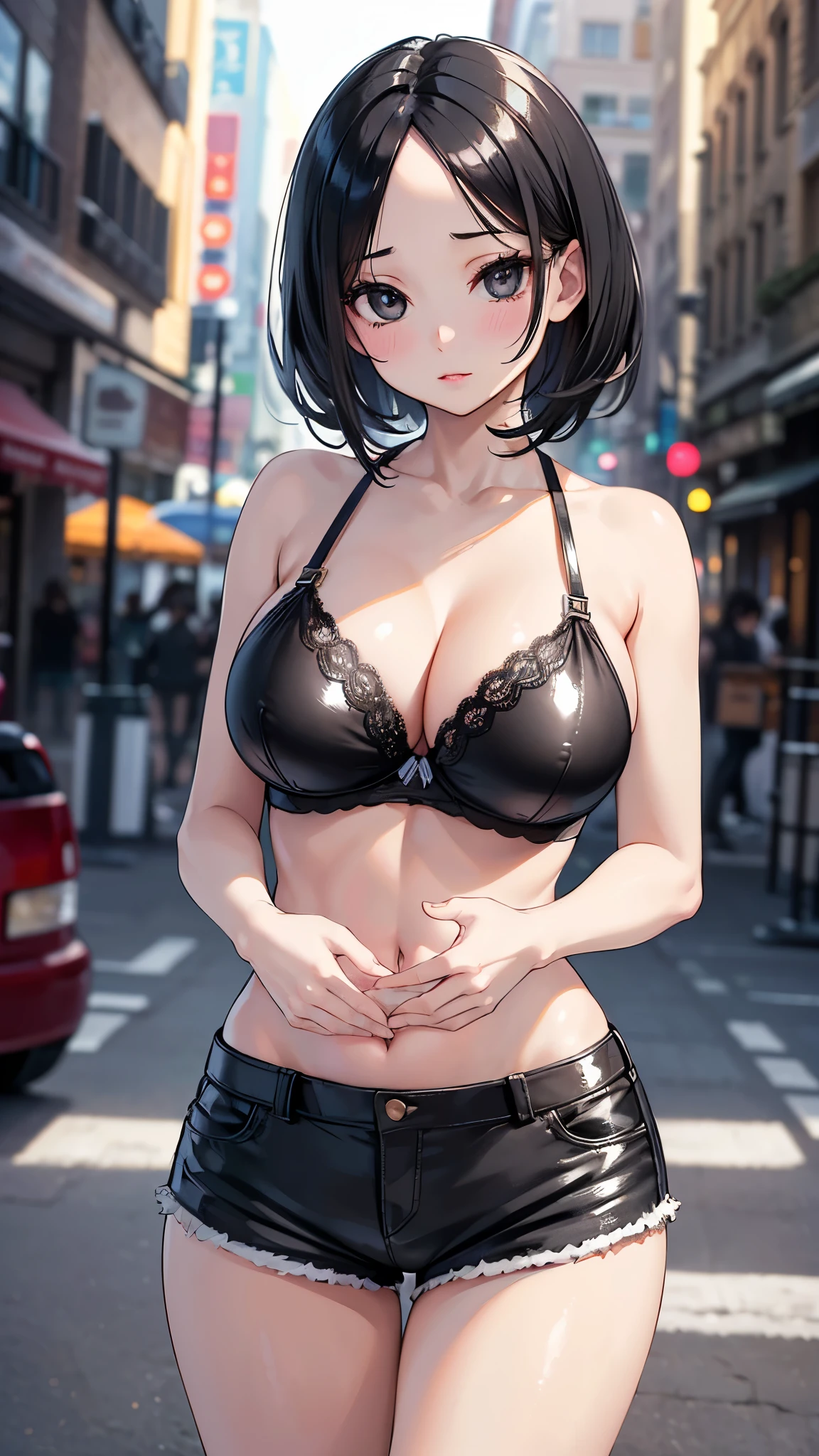 (masterpiece, 最high quality, 超High resolution, Very detailed), (Realistic:1.1, photoRealistic:1.4), Perfect illustration, Perfect lighting,Hair in perfect detail, Perfect and detailed face, Perfect collarbone, Perfect body,Juicy breasts, Perfect Thighs, Beautiful feet, View your viewers, 1 Girl,Perfect Face, (Perfect Anatomy, Anatomically correct), Symmetrical face、((Shiny Hair)),Sexy Body、(masterpiece),(最high quality:1.3),8k,Very clear,(Ultra-realistic),,Captivating woman,(high quality, High resolution, Fine details), Realisticなスタイルの女性,Juicy breasts、One perfect woman、Perfect Face、Symmetrical face、Baby Face、((Big Boobs))、Cleavage、blush、((Juicy lips))、Cowboy Shot、(((Short black hair showing the forehead)))、((Large, double-set black eyes、Long eyelashes))、(((shiny bra)))、(((Glossy shorts)))、(Outdoor、On the streets of the city)