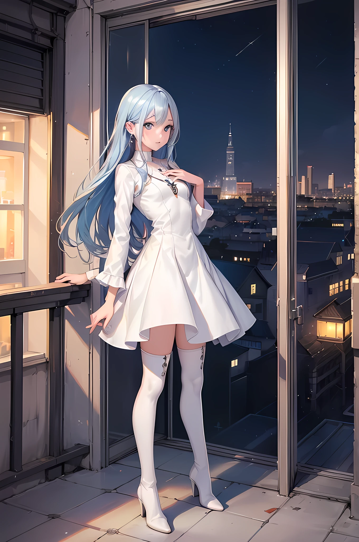 ((Biologically correct limb count)),(( From head to toe,Full-body photo including face)),4K,((Standing position)),masterpiece,((Focus on the face)),((Symmetrical facial features)),Eyes with detailed description,Beautiful woman,Great style,Beautiful arms,Beautiful legs,Beautiful Hands,(Small Ass,Thin thighs),Detailed depiction of the face,Small earrings,necklace,(White dress((High heel long boots))),((evening,Looking out at the city from the school rooftop)),(((blue blonde))),Realistic photo,