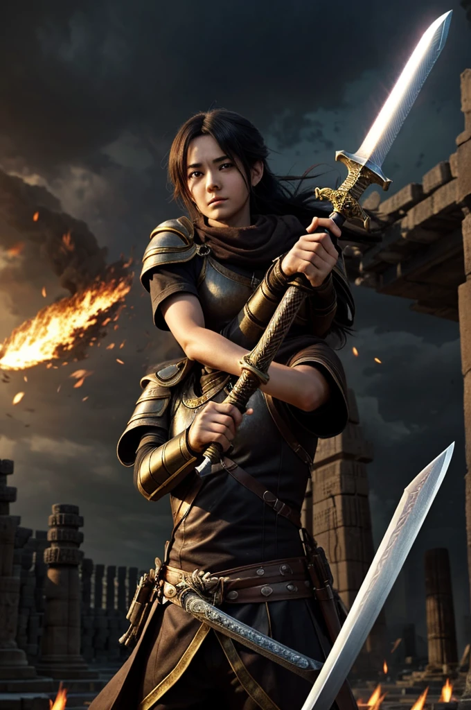 " And what better death for a man than facing adversity, for the ashes of their fathers and the temples of their gods" .... I want you to make an image with an anime girl with a sword referring to the phrase