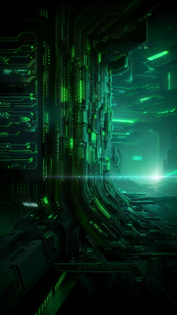 Image of futuristic city with green light, green matrix code, digital greebles background, Network Background, Cyberspace, Cypherpunk Background, Futuristic Background, 超现实的Cyberspace, matrix symbols in the background, matrix code, Sci-fi digital art, Futuristic digital art, Cyberpunk background, Matrix Theme, Sci-fi background