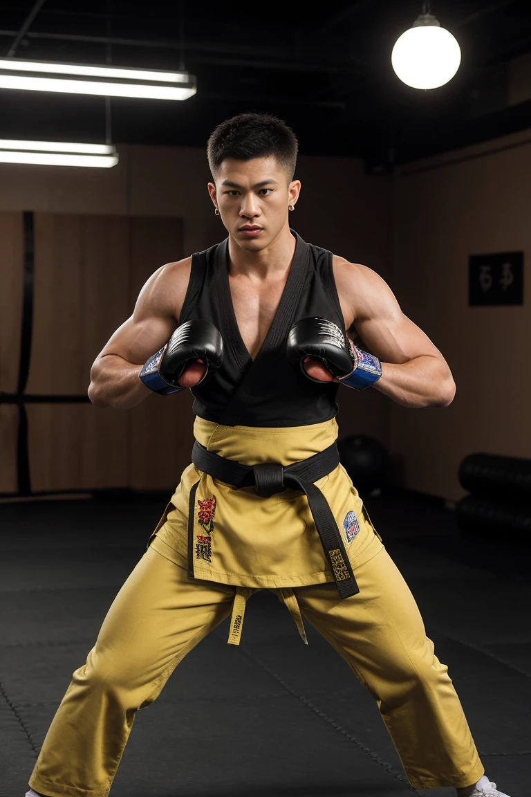 (((Best sparring scene))), striking, chokehold, defense, (rim lighting, studio lighting,), ((((A scene from a commercial for practical martial arts on the battlefield)))), best quality, masterpiece, ultra HD texture, highly detailed, ultra realistic, exquisitely detailed, 8k, photorealistic, concept art, matte painting, Autodesk Maya, VRay rendering, ray tracing, HDR), (dslr, full frame, focal length 16mm, aperture f/8, dynamic perspective, dynamic angle, golden ratio, Wide photo, Wide) (field of view, depth of field, zoom out) techwear, martial arts training, training wear and protectors, perfect self defense techniques, perfect and agile defense techniques, lean and muscular body, defense style, toned and muscular body, real, metropolitan museum, best quality, inside a modern training gym,Japanese Male Model, Big muscles, good looking, nice, Smoothly combed hair, Earrings, Wearing a loose tank top, Have a lollipop, Portraiture, modeling, Dynamic pose, Japan Streets, Late at night, Store lighting trade, Full Body Shot Information