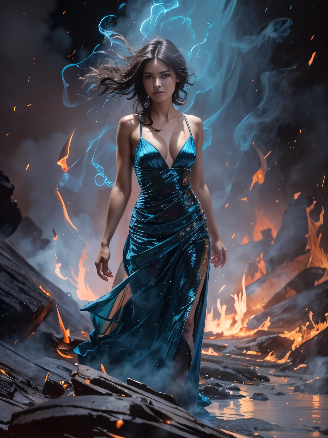 (masterpiece), cartoon, best quality,(photo_(medium):1.0), by Antonio J. Manzanedo, by Jeremy Lipking, lightning, painting style with watercolor, Brushstrokes, black eyes,colorful,vibrant blue hues colors full body shot, ((she’s the Death)), ((smiling)), (((She walks into a lava ground))). Cleavage. Brown leather off shoulder dress.((Burning hands)) Distorted Space, Dramatic Lighting, Sparkles, flames, heavy smoke.