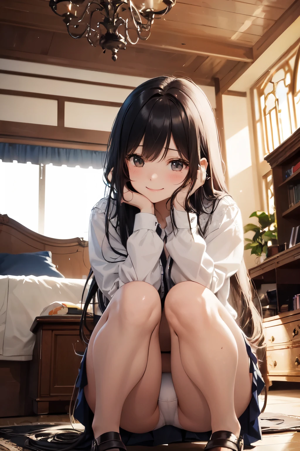 very cute and beautiful girl,(Very detailed美しい顔), (smile),blush,Black Hair,Seraphim,(White Hair、long hair),(White Shirt、Pleated navy blue pread your legs、Squat)、Sitting、(From below)、(Lace panties), Country road, (Highest quality,masterpiece:1.0),Absurd,High resolution,Super detailed,Very detailed,32K,8k resolution, Intricate details,Movie Scenes,Detailed Background,alone,Dynamic Angle,