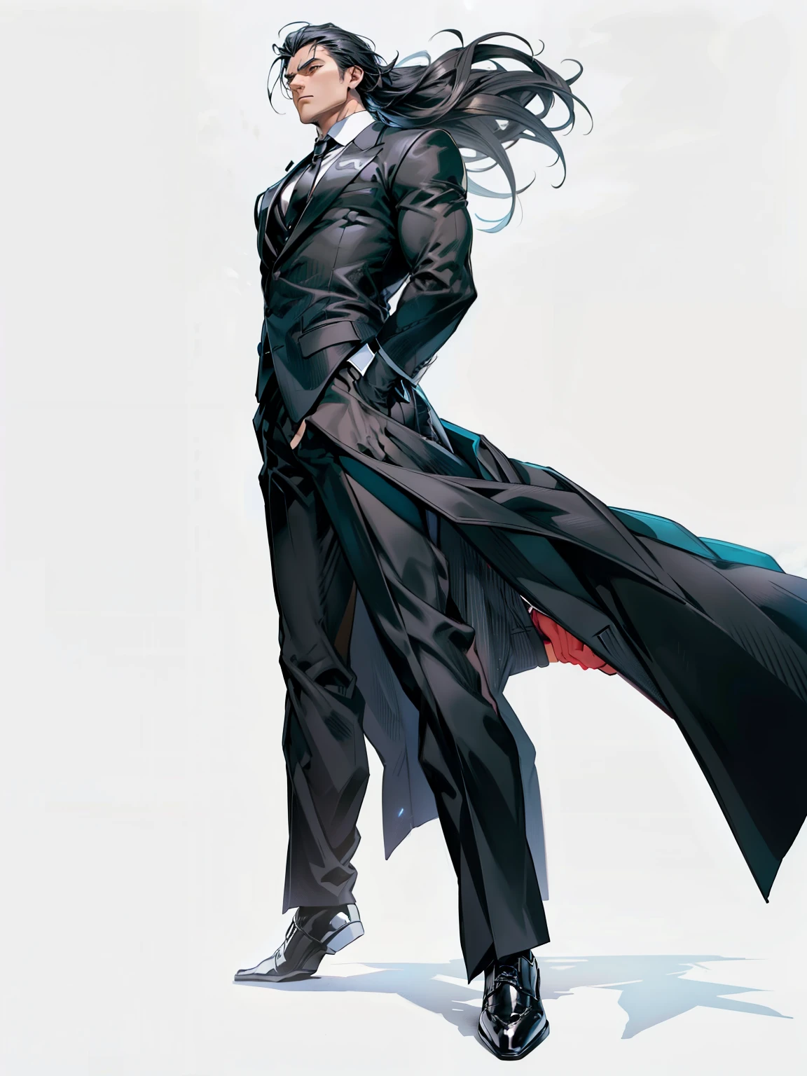 Solo, 1 man, Serious face, ((muscular)), wearing black long suits, ((black ties)) black pants, black hair, (((hand behinds back))), levitate on sky, blue sky, cloud