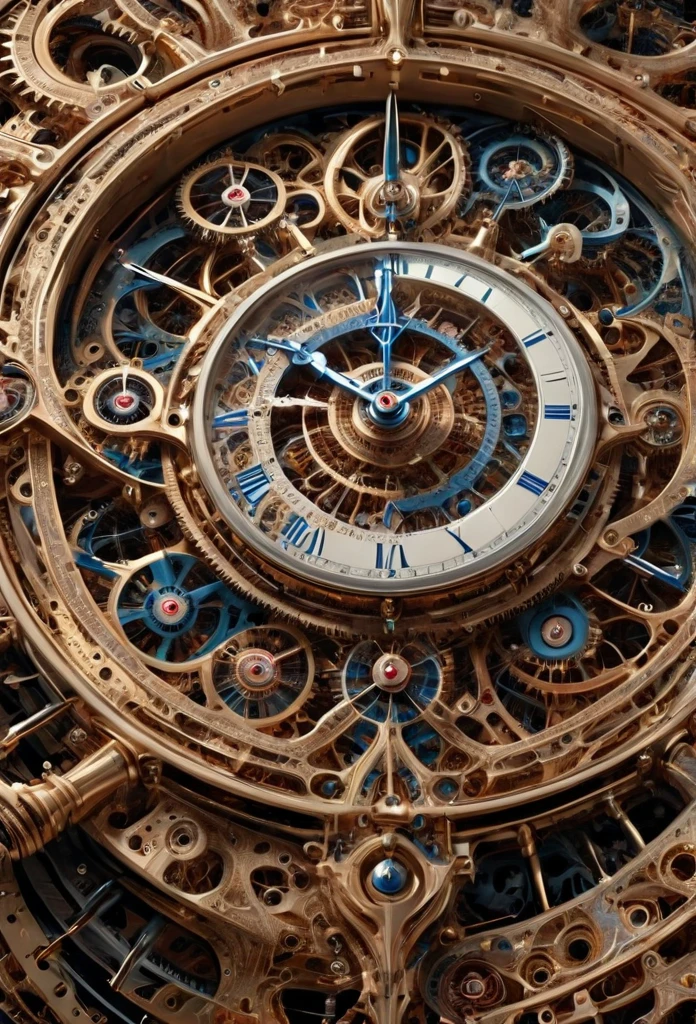 œuvre d'art d'un immense ensemble mécanique complexe formé de rouages de sangles et d'axe multiples, horlogerie sublime et complexe, hyper détaillé, détails fractals, or, cuir, mécanique, métallique