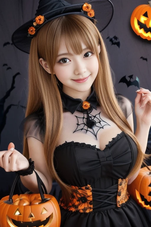 (a 26 year old girl, detailed cutie face, beautiful detailed eyes, detailed dropped eyes, beautiful charming smile, extremely detailed face, cute:1.75), (anime style, halloween party::2.0), colorful lights, pumpkin decorations, haunted house, best quality, 4k, highres, masterpiece, realistic, photorealistic, photo-realistic, vivid colors, intricate details, fantasy, soft lighting, magical