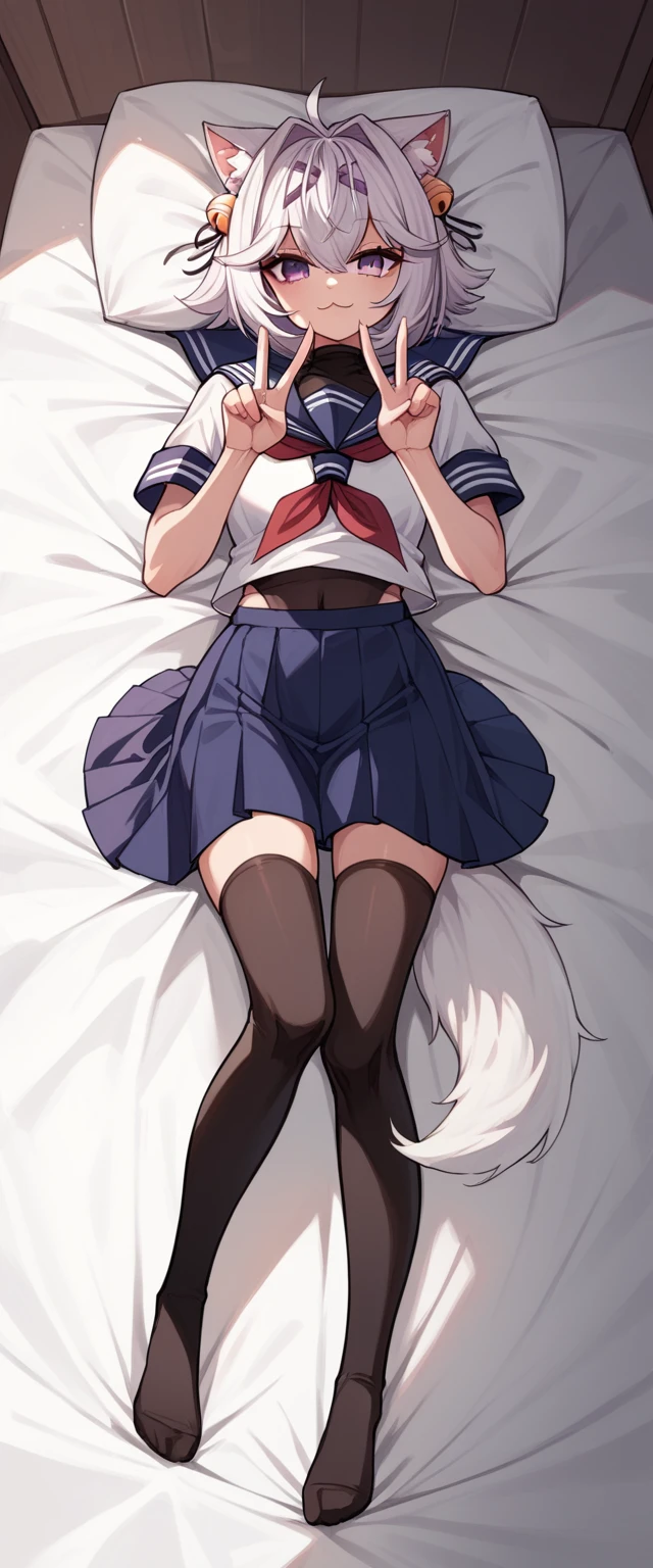 Messy Bed, 1girl, solo, FilianSailor, fluffy fox tail, cat ears, white hair, short hair, ahoge, hairclip, hair bell, big purple eyes, slight blush, big smile , serafuku, red neckerchief, swimsuit under clothes, covered navel, blue skirt, black thighhigh, full body pose, legs crossing, seductive pose, hands doing heart sign, lying on bed