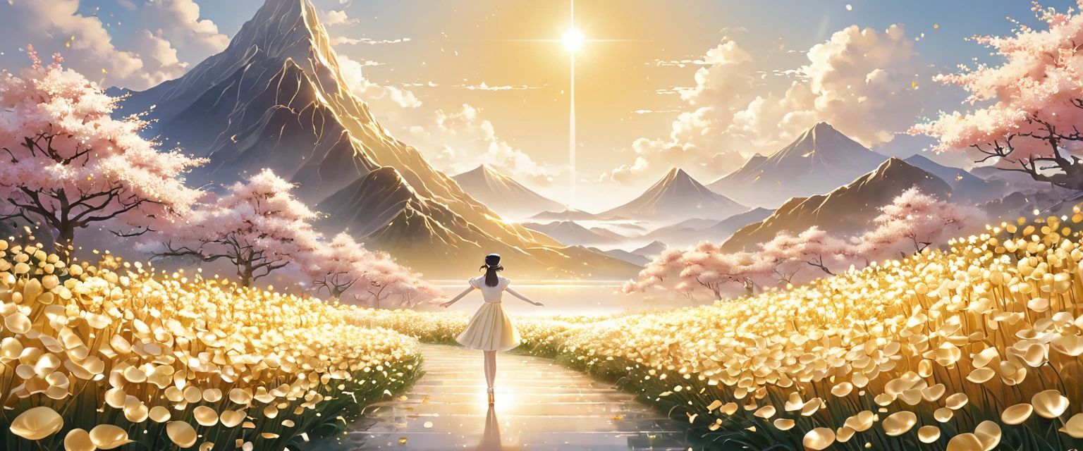 (masterpiece, Top quality, Top quality), A banner image，Poster background board；Uniform color tone；整个画面由Light gold的金属构成；Light gold且纯色的背景，画面下方有Light gold的海洋（metallic feel），Light gold，Dreamy flowers（纯metallic feel），Metal Landscape；Variety show opening credits，visual impact。Main poster。8k，Dance class。