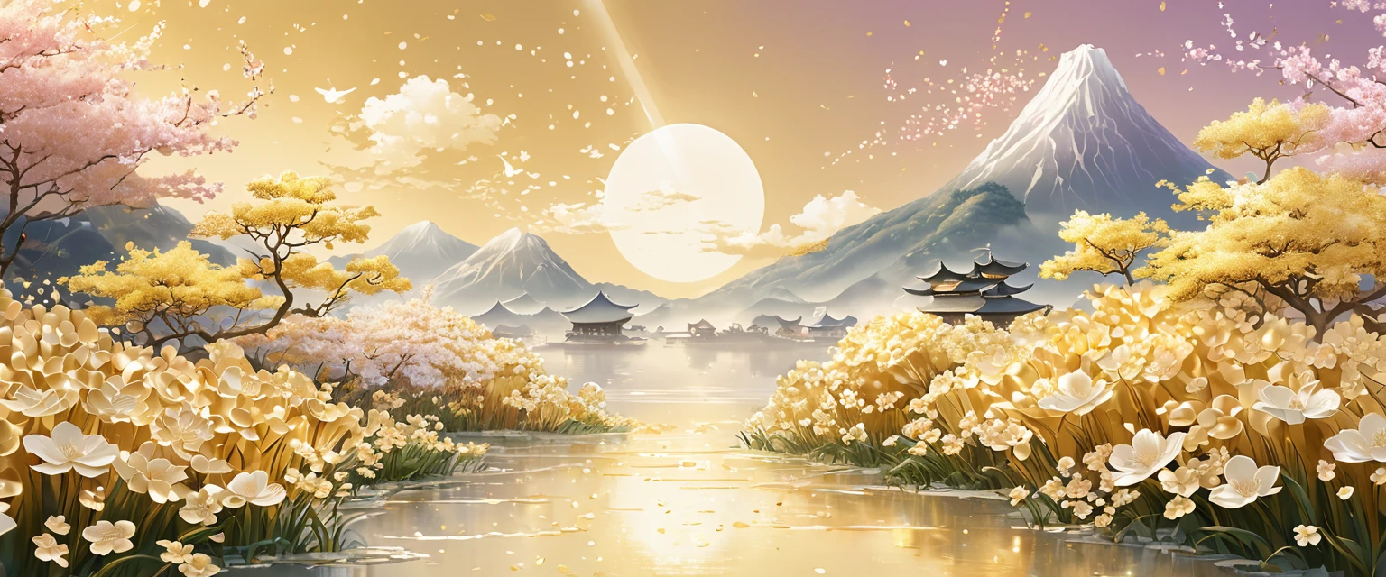 (masterpiece, Top quality, Top quality), A banner image,Poster background board;Uniform color tone;整个画面由Light gold的金属构成;Light gold且纯色的背景,画面下方有Light gold的海洋(metallic feel),Light gold,Dreamy flowers(纯metallic feel),Metal Landscape;Variety show opening credits,visual impact。Main poster。8k,Dance class。