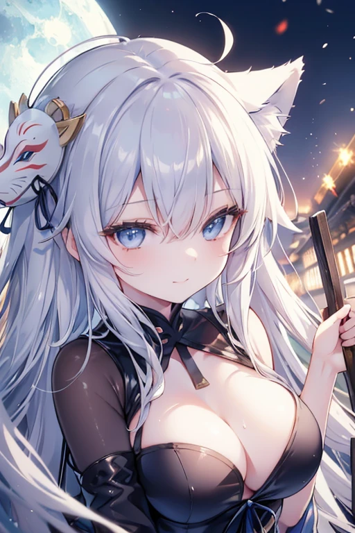 depth of field,A girl wearing a fox mask sits on the roof of an izakaya buried in rubble,miko, silver hair,long hair, blue eyes, blue moon,shiny skin,(smirk),(close-up:1.3),outstretched arm