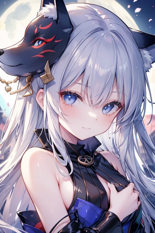 depth of field,A girl wearing a fox mask sits on the roof of an izakaya buried in rubble,miko, silver hair,long hair, blue eyes, blue moon,shiny skin,(smirk),(close-up:1.3),outstretched arm