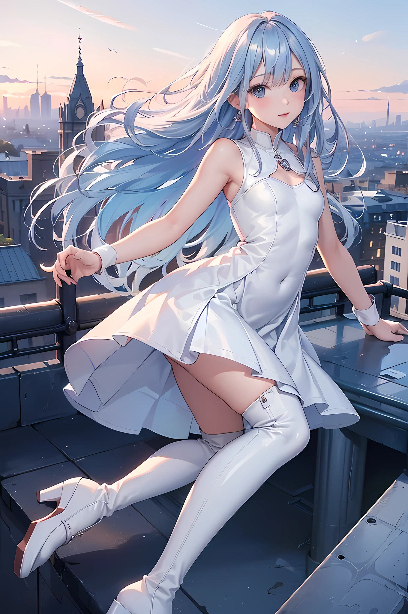 ((Biologically correct limb count)),(( From head to toe,Full-body photo including face)),4K,((Standing position)),masterpiece,((Focus on the face)),((Symmetrical facial features)),Eyes with detailed description,Beautiful woman,Great style,Beautiful arms,Beautiful legs,Beautiful Hands,(Small Ass,Thin thighs),Detailed depiction of the face,Small earrings,necklace,(White dress((High heel long boots))),((evening,Looking out at the city from the school rooftop)),(((blue blonde))),Realistic photo,