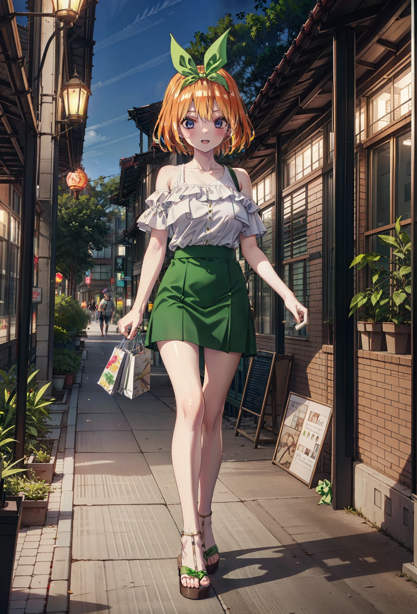 Yotsubanakano, Fourth floor Nakano, bangs, short hair, blue eyes, Hair between the eyes, hair ribbon, hair band, Orange Hair, (Green ribbon:1.5), smile, Open your mouth,blush,Cold Shoulder Shirt,Short sleeve,mini skirt,Heeled Sandals,Walking,True Summer,Clear skies,Daytime,Palm tree,whole bodyがイラストに入るように,
break outdoors, tropical,Tropical,Shopping Street,Shopping mall,
break looking at viewer,whole body, 
break (masterpiece:1.2), Highest quality, High resolution, unity 8k wallpaper, (figure:0.8), (Beautiful attention to detail:1.6), Highly detailed face, Perfect lighting, Highly detailed CG, (Perfect hands, Perfect Anatomy),