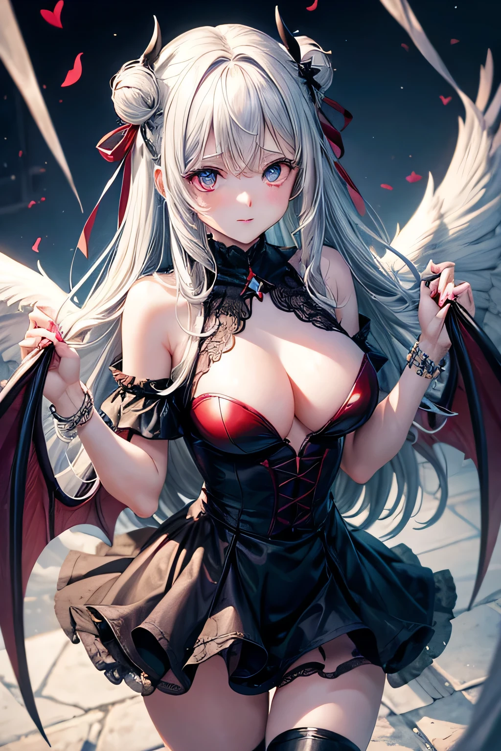 a girl half angel and half demon holds a red heart in her hands on the left angel's wing on the right demon's wing in her hands heart left eye blue right eye green, hell and heaven, fantasy