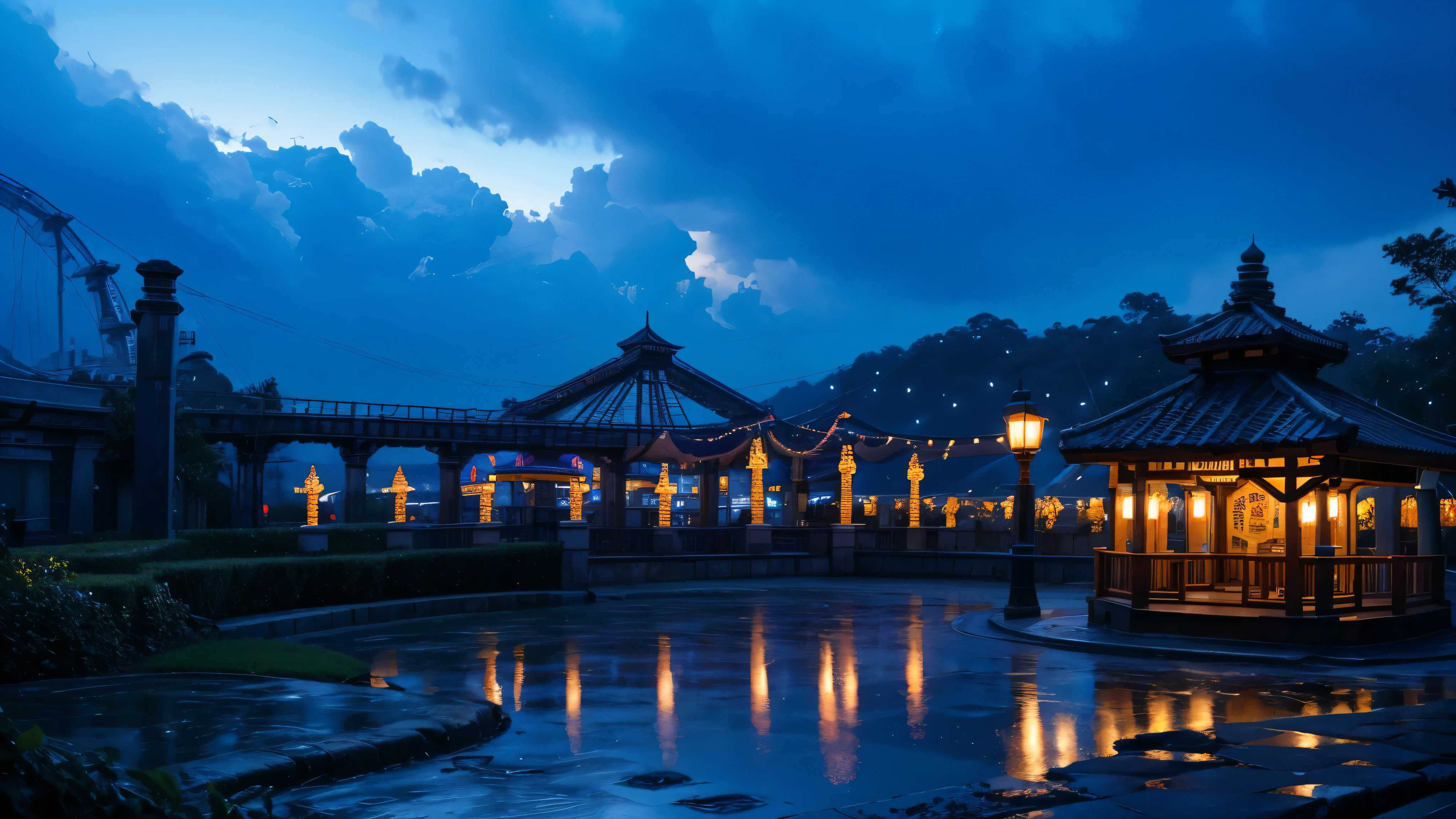 high resolution、high quality、landscape、Rain amusement park、ruins、Lantern light、night